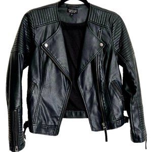 Topshop Vegan Leather Moto Jacket Womens 12 Large Black Full Zip Quilted MINT